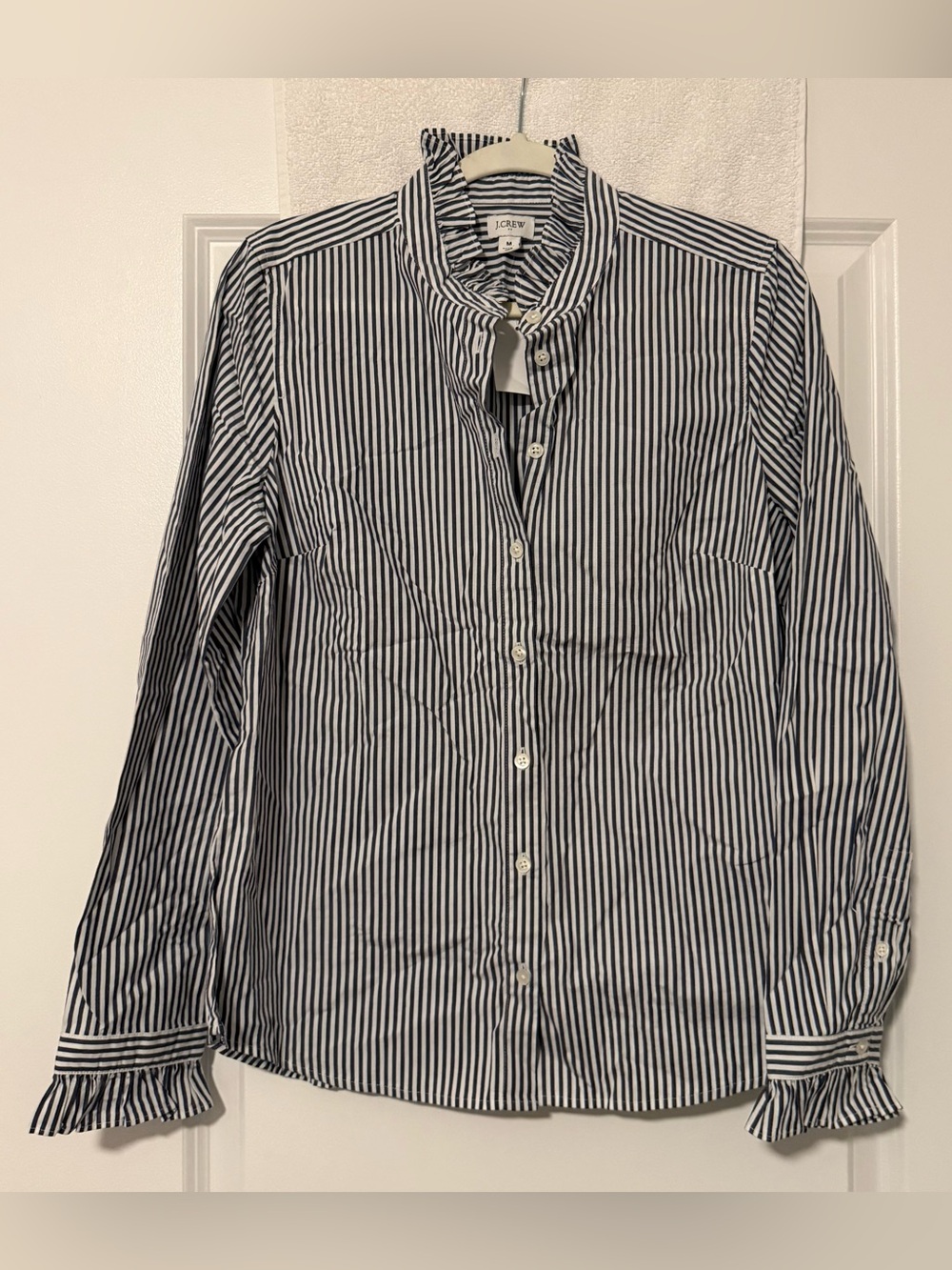 J. Crew Navy and White Ruffled Collar Stripe Shirt